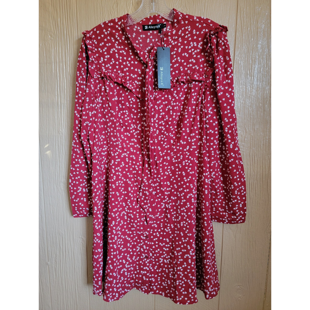 Allegra K Red Dress with Hearts Full Button Front Long Sleeve Midi sz Large Y2K